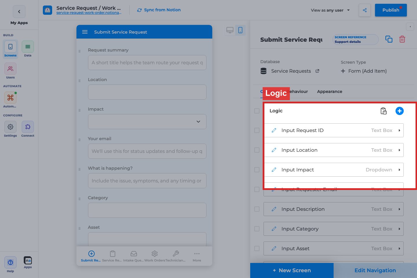 Annotated builder screenshot: Logic / fields