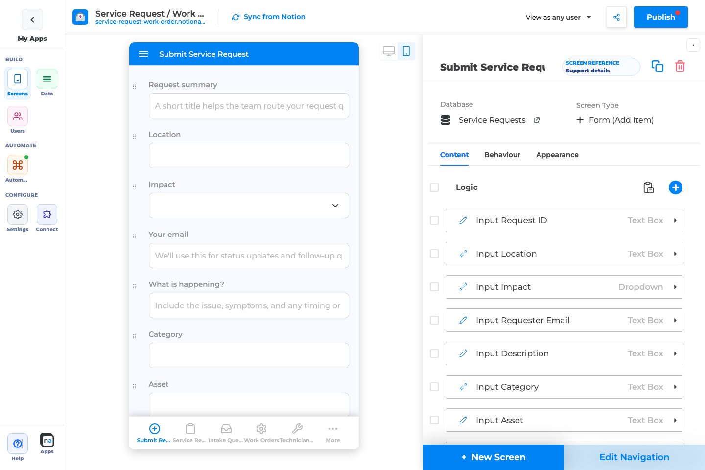 Annotated builder screenshot: Create Form builder
