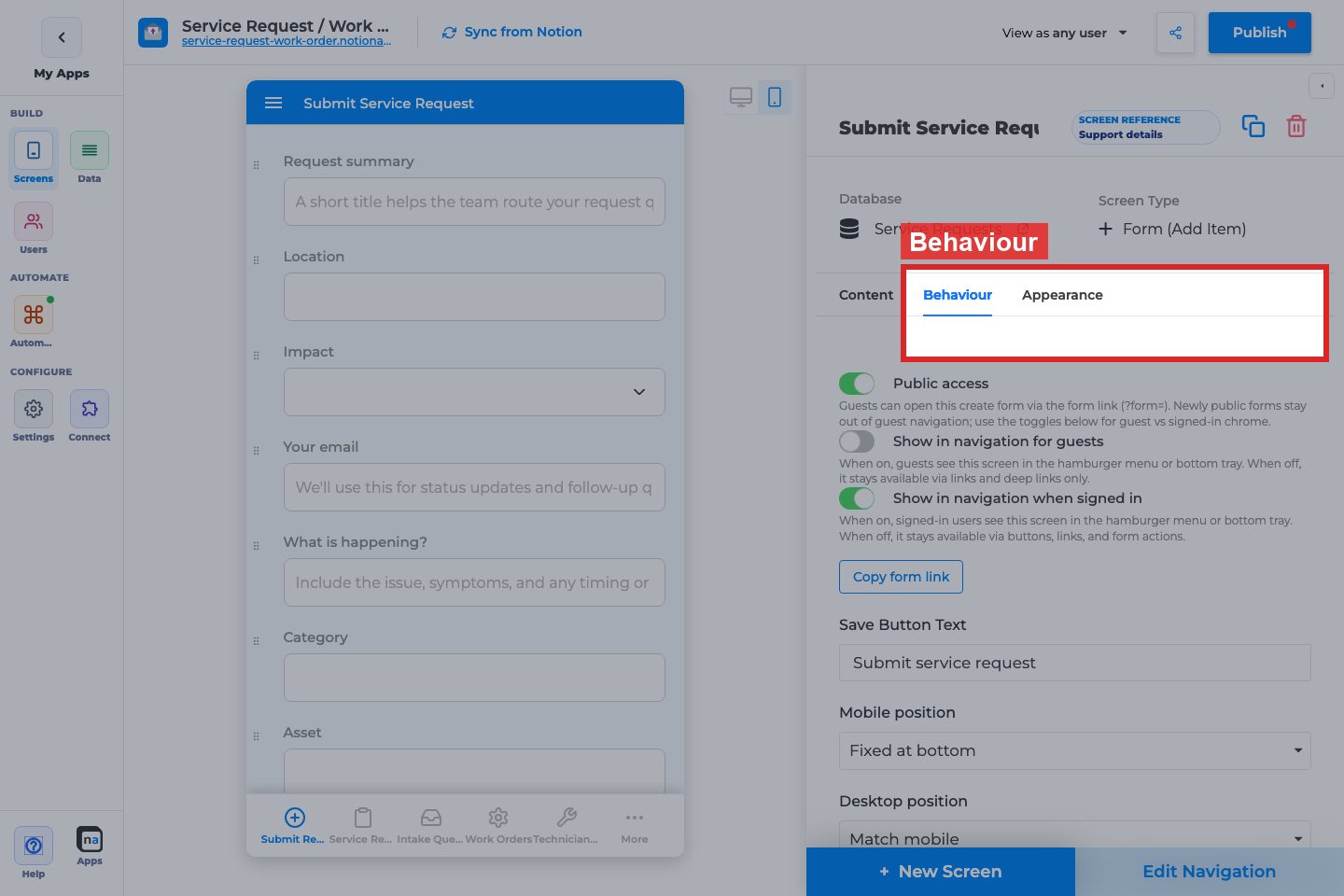 Annotated builder screenshot: Behaviour